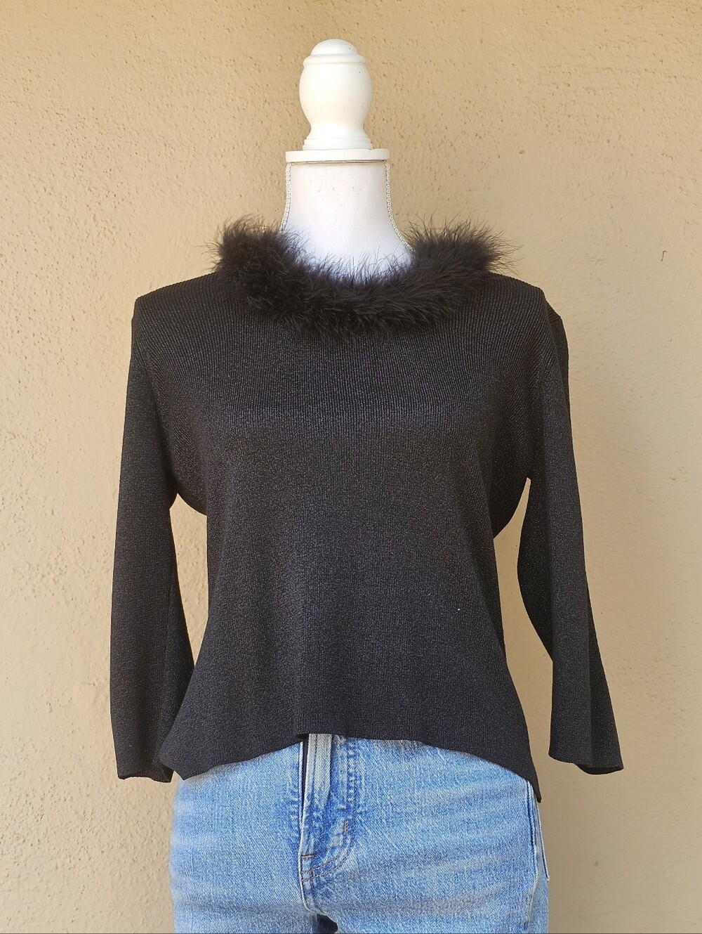 Joseph A. Black silk & metallic Black Top with faux feather collar, size S